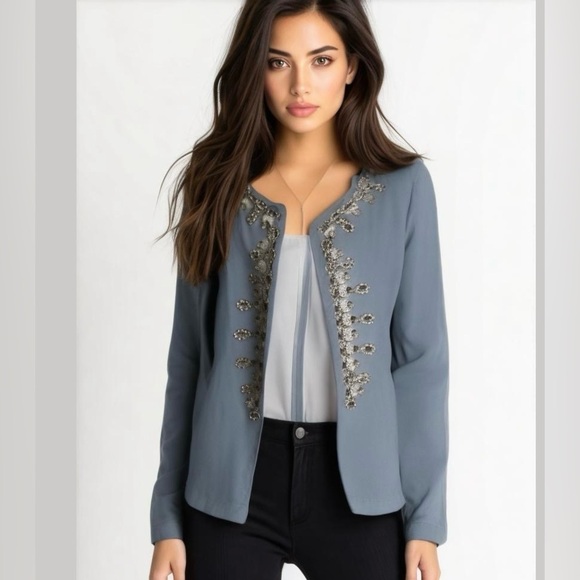Badgley Mischka Jackets & Blazers - NWOT 𝅺American Glamour Badgley Mischka Gray Beaded Stone Jacket Blazer Size XS